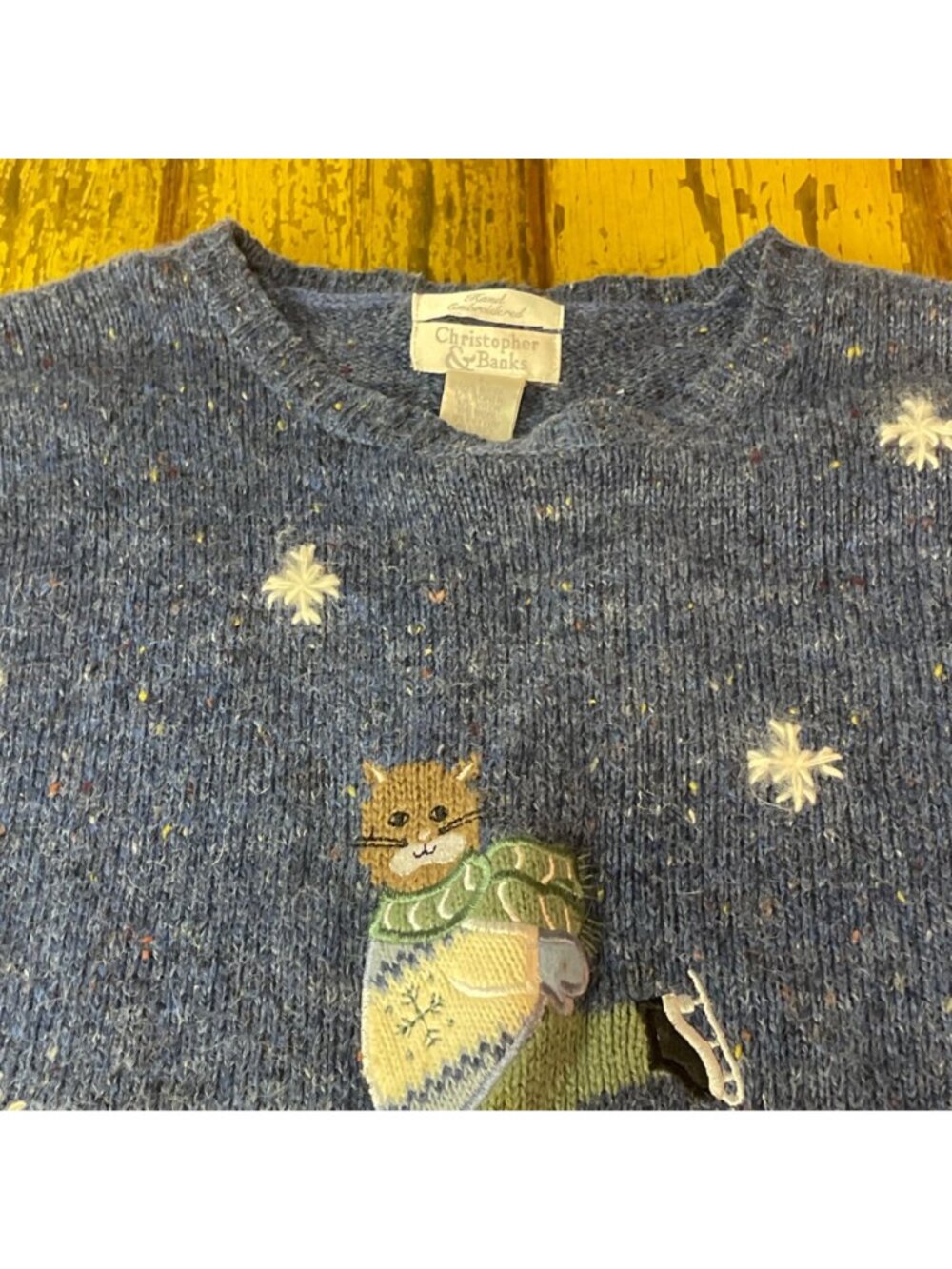 VTG Cat Ice Skate Wool Blend Sweater Sz LG Winter Embroidered Snow Cat Lady - Picture 3 of 6